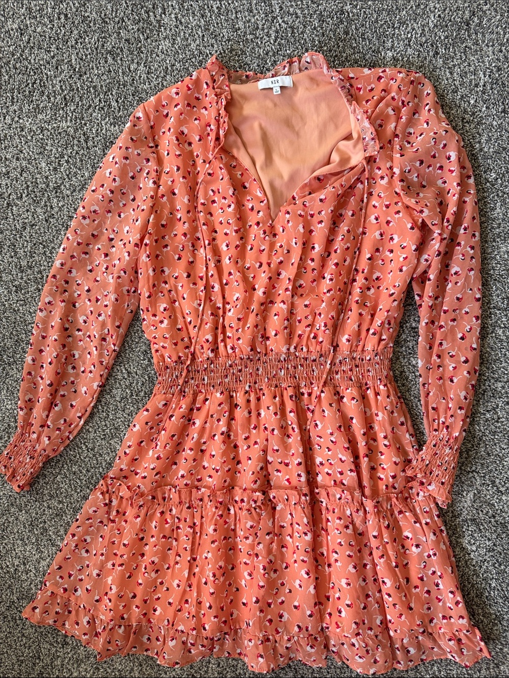Women's Orange Coral Floral Long-Sleeve Tiered Dress